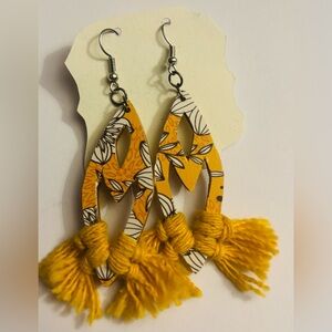 Patterned Wood Dangle Earrings with Matching Yellow Yarn Tassels